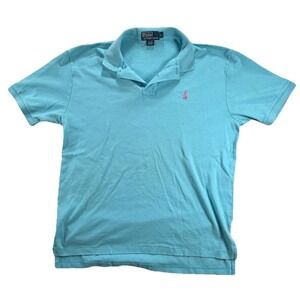 Ralph Lauren Polo Shirt Mens Large Blue Custom Fit Pink Pony Rugby Short Sleeve